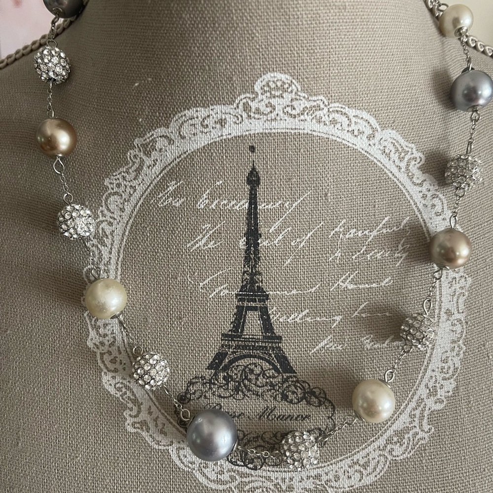 Faux Pearl Pave Silver and Gold Bead Necklace